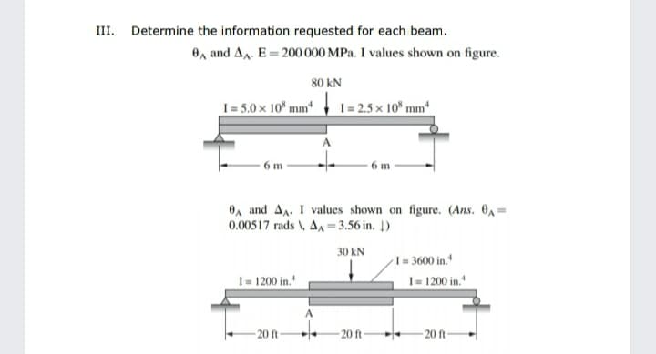 III. Determine the information requested for each beam.
O, and AA. E= 200 000 MPa. I values shown on figure.
80 kN
I = 5.0 × 10* mm*
I = 2.5 x 10° mm*
6 m
6 m
OA and AA. I values shown on figure. (Ans. 0A=
0.00517 rads \, AA = 3.56 in. Į)
30 kN
I = 3600 in.*
I = 1200 in."
I= 1200 in."
20 ft-
- 20 ft
- 20 ft
