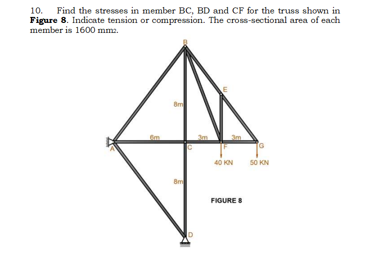 10. Find the stresses in member BC, BD and CF for the truss shown in
Figure 8. Indicate tension or compression. The cross-sectional area of each
member is 1600 mm2.
6m
8m
8m
C
3m
m
3m
40 KN
FIGURE 8
G
50 KN