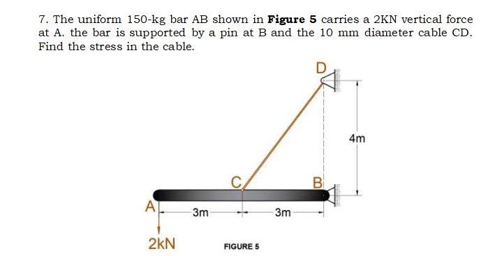 7. The uniform 150-kg bar AB shown in Figure 5 carries a 2KN vertical force
at A. the bar is supported by a pin at B and the 10 mm diameter cable CD.
Find the stress in the cable.
A
2kN
3m
FIGURE 5
3m
B
4m