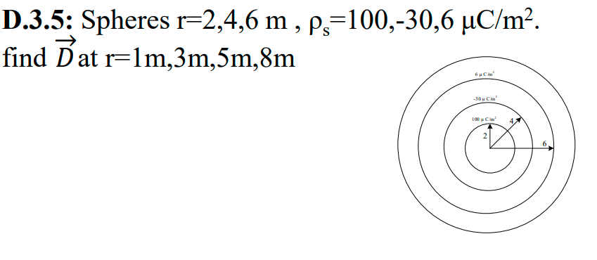 D.3.5: Spheres r=2,4,6 m , p;=100,-30,6 µC/m².
find Dat r=1m,3m,5m,8m
30u Cin
100 Cim
4.
6.
