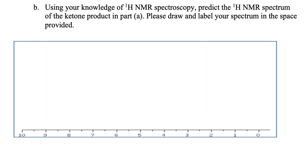 b. Using your knowledge of 'H NMR spectroscopy, predict the 'H NMR spectrum
of the ketone product in part (a). Please draw and label your spectrum in the space
provided.
10
4.
