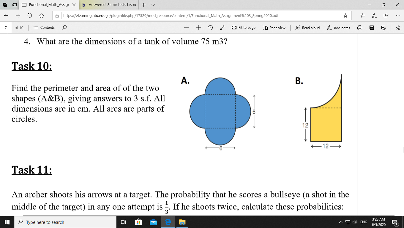 Task 10:
А.
Find the perimeter and area of of the two
shapes (A&B), giving answers to 3 s.f. All
dimensions are in cm. All arcs are parts of
circles.
12
-12→
B.
