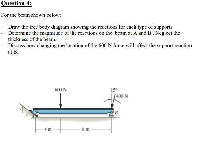 Question 4:
For the beam shown below:
- Draw the free body diagram showing the reactions for each type of supports
- Determine the magnitude of the reactions on the beam at A and B. Neglect the
thickness of the beam.
- Discuss how changing the location of the 600 N force will affect the support reaction
at B.
600 N
15°
400 N
B
4 m-
-8 m
