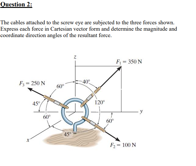 Question 2:
The cables attached to the screw eye are subjected to the three forces shown.
Express each force in Cartesian vector form and determine the magnitude and
coordinate direction angles of the resultant force.
F = 350 N
F = 250 N
40°
%3D
60°
45°
120°
60°
60°
45°
F2= 100 N
