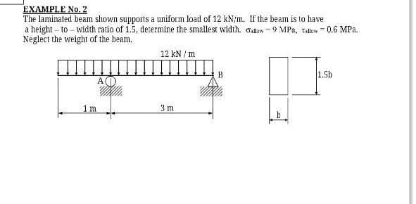 EXAMPLE No. 2
The laminated beam shown supports a uniform load of 12 kN/m. If the beam is to have
a height to width ratio of 1.5, determine the smallest width. Gallow-9 MPa, tallew = 0.6 MPa.
Neglect the weight of the beam.
12 kN/m
B
1.5b
A
3 m
1m