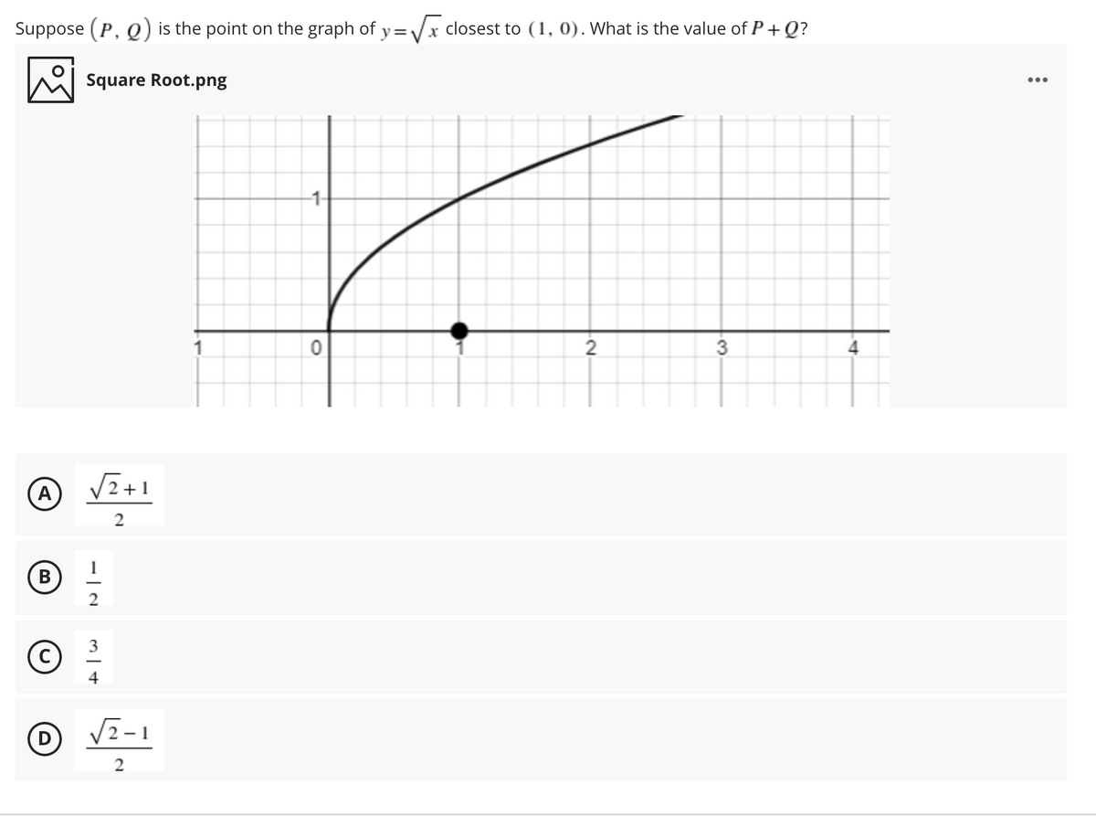 Suppose (P, Q) is the point on the graph of
y=Vx closest to (1, 0). What is the value of P+ Q?
Square Root.png
...
1-
1
2
3
VZ+1
A
2
4
2
2.
