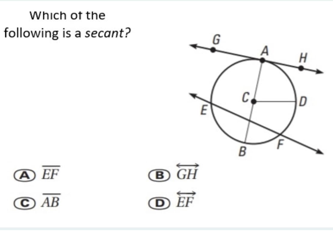Which of the
following is a secant?
G
A
C
D
B
A EF
® GH
АВ
© AB
O EF
