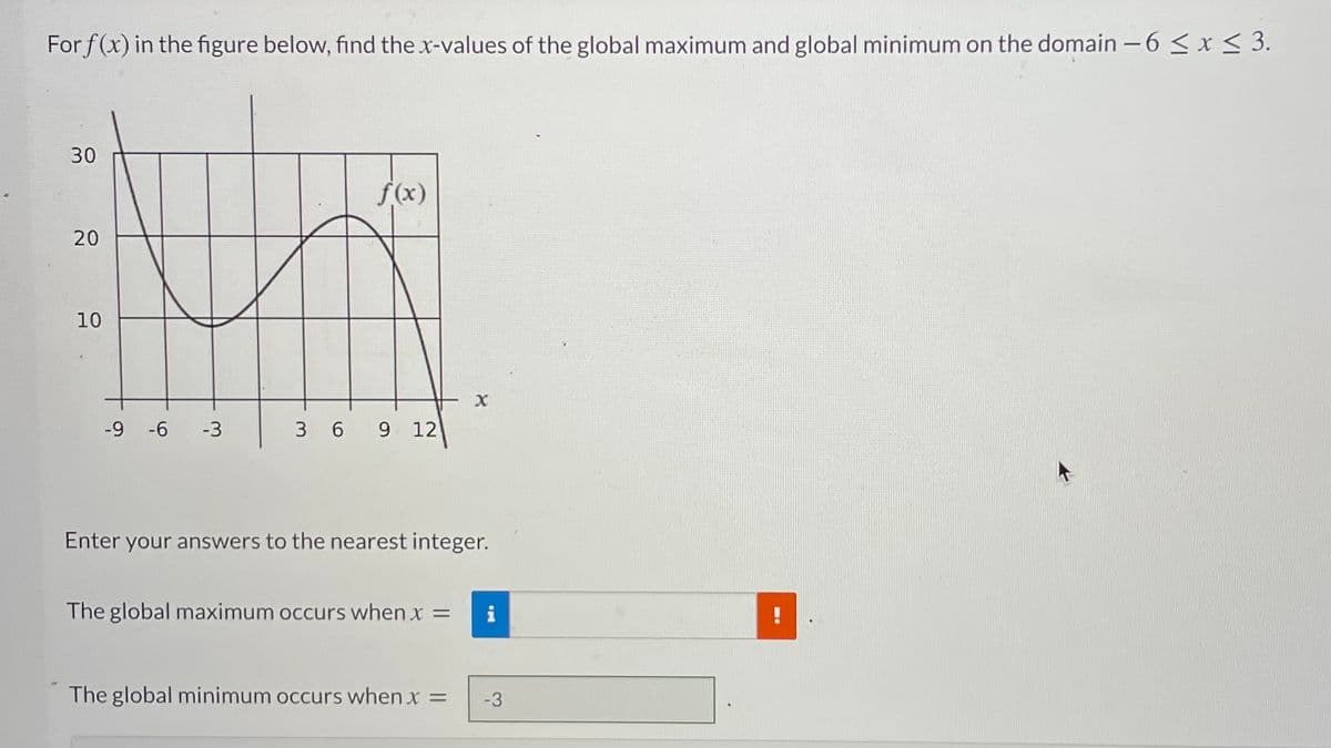 For f(x) in the figure below, find thex-values of the global maximum and global minimum on the domain - 6 < x < 3.
30
f(x)
20
10
-9 -6
-3
3 6 9 12
Enter your answers to the nearest integer.
The global maximum occurs when x =
i
The global minimum occurs when x =
-3
