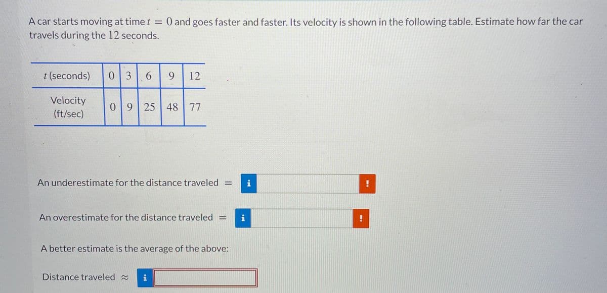 A car starts moving at timet =
O and goes faster and faster. Its velocity is shown in the following table. Estimate how far the car
travels during the 12 seconds.
t (seconds)
0.
3
6.
12
Velocity
0
9 | 25
48
77
(ft/sec)
An underestimate for the distance traveled =
i
An overestimate for the distance traveled =
i
A better estimate is the average of the above:
Distance traveled
