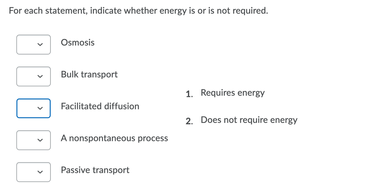For each statement, indicate whether energy is or is not required.
Osmosis
Bulk transport
1. Requires energy
Facilitated diffusion
2. Does not require energy
A nonspontaneous process
Passive transport
>
>
