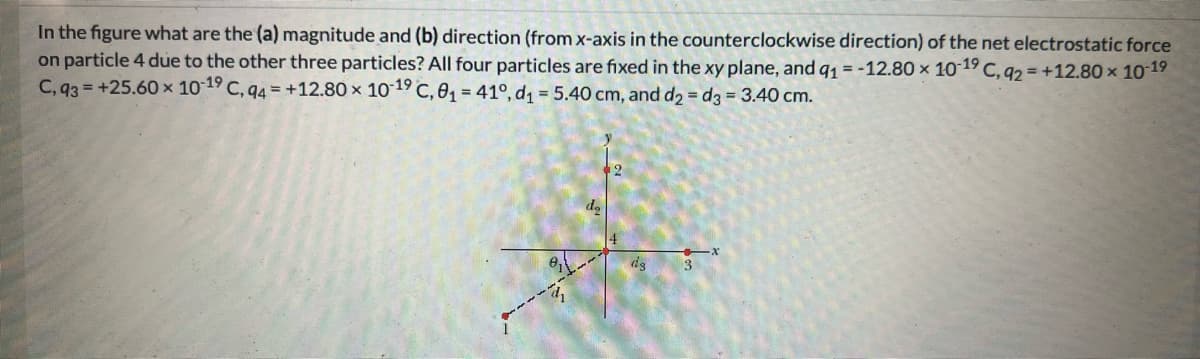 In the figure what are the (a) magnitude and (b) direction (from x-axis in the counterclockwise direction) of the net electrostatic force
on particle 4 due to the other three particles? All four particles are fixed in the xy plane, and q₁ = -12.80 x 10-19 C, q2 = +12.80 × 10-1⁹
C, 93=+25.60 x 10-19 C, q4=+12.80 x 10-19 C, 0₁ = 41°, d₁ = 5.40 cm, and d2 = d3 = 3.40 cm.
da
12
de
ex
3