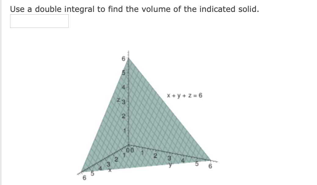 Use a double integral to find the volume of the indicated solid.
6
X + y + z = 6
23
00
3.
6.
6 5 4 3
