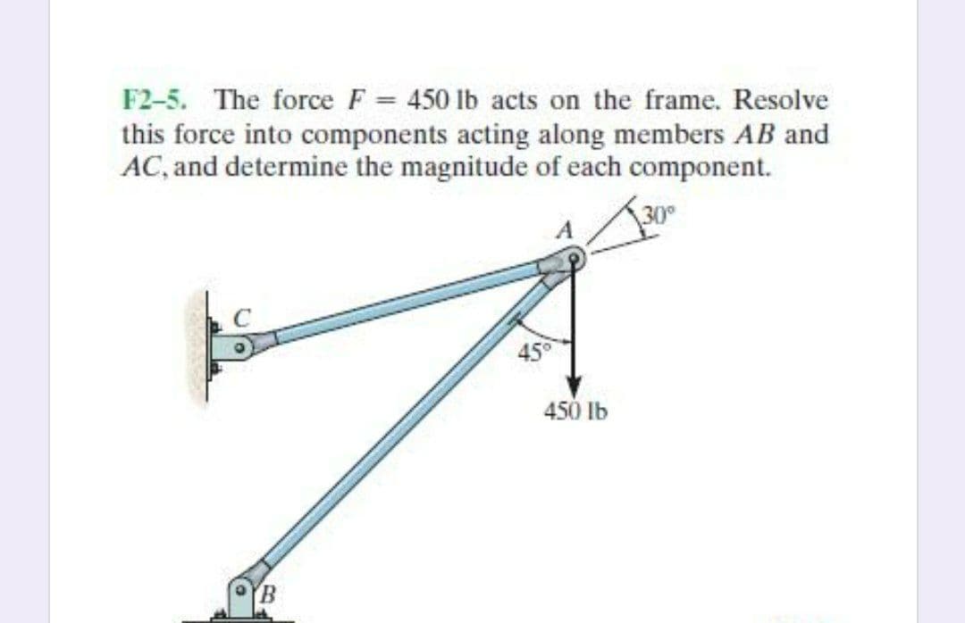 F2-5. The force F = 450 lb acts on the frame. Resolve
this force into components acting along members AB and
AC, and determine the magnitude of each component.
30°
45°
450 Ib
