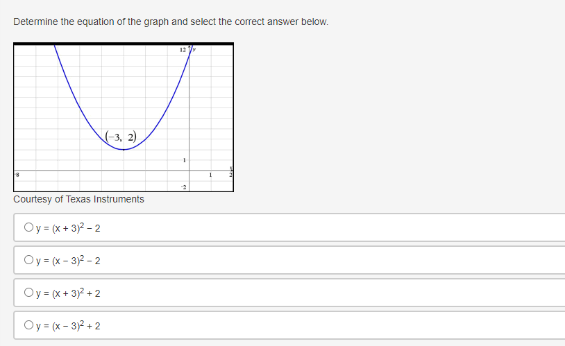 Determine the equation of the graph and select the correct answer below.
12 y
(-3, 2).
1
"2
Courtesy of Texas Instruments
Oy = (x + 3)2 – 2
Oy = (x - 3)2 - 2
Oy = (x + 3)2 + 2
Oy = (x - 3)2 + 2
