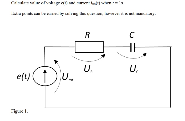 Calculate value of voltage e(t) and current itot(t) when t = 1s.
Extra points can be earned by solving this question, however it is not mandatory.
e(t)
Figure 1.
U
tot
R
U₁
с
HH
U₁