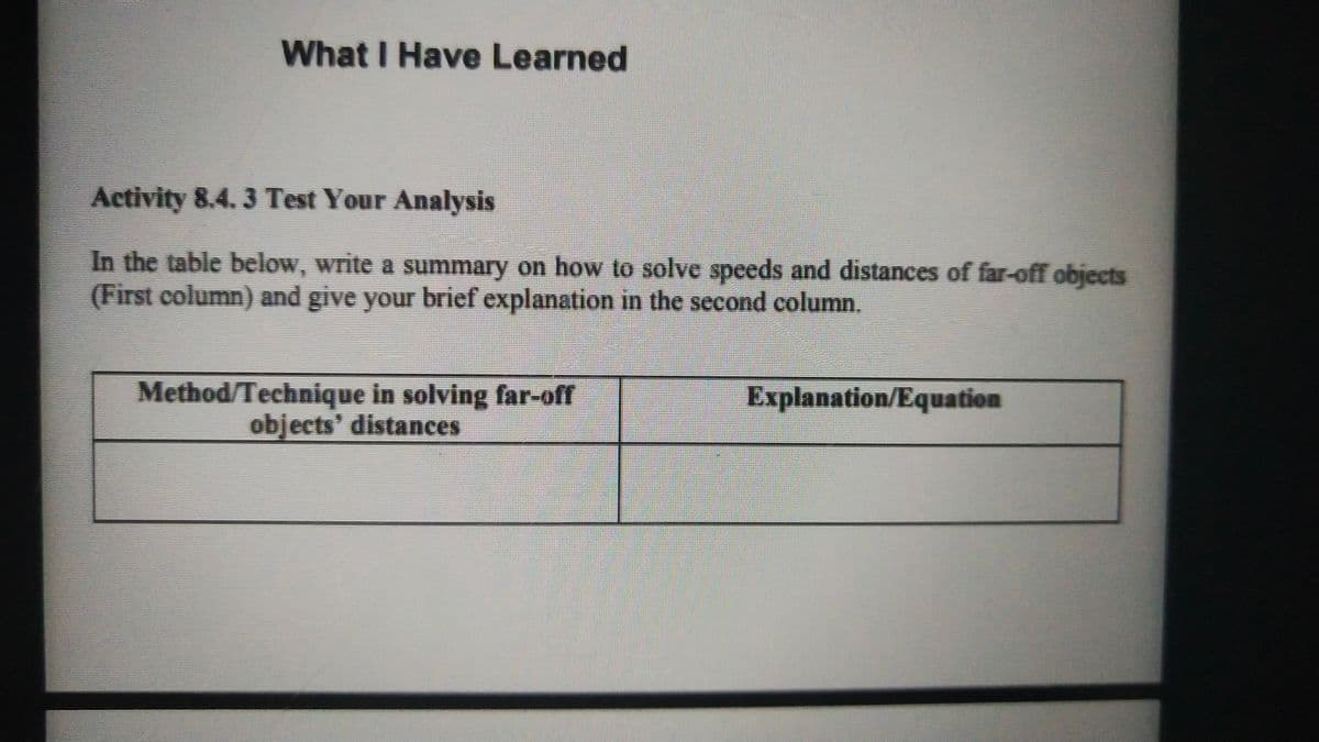 What I Have Learned
Activity 8.4. 3 Test Your Analysis
In the table below, write a summary on how to solve speeds and distances of far-off objects
(First column) and give your brief explanation in the second column.
Method/Technique in solving far-off
objects' distances
Explanation/Equation
