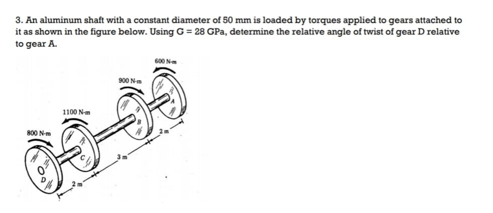 3. An aluminum shaft with a constant diameter of 50 mm is loaded by torques applied to gears attached to
it as shown in the figure below. Using G = 28 GPa, determine the relative angle of twist of gear D relative
to gear A.
600 N-m
900 N-m
1100 N-m
800 N-m
