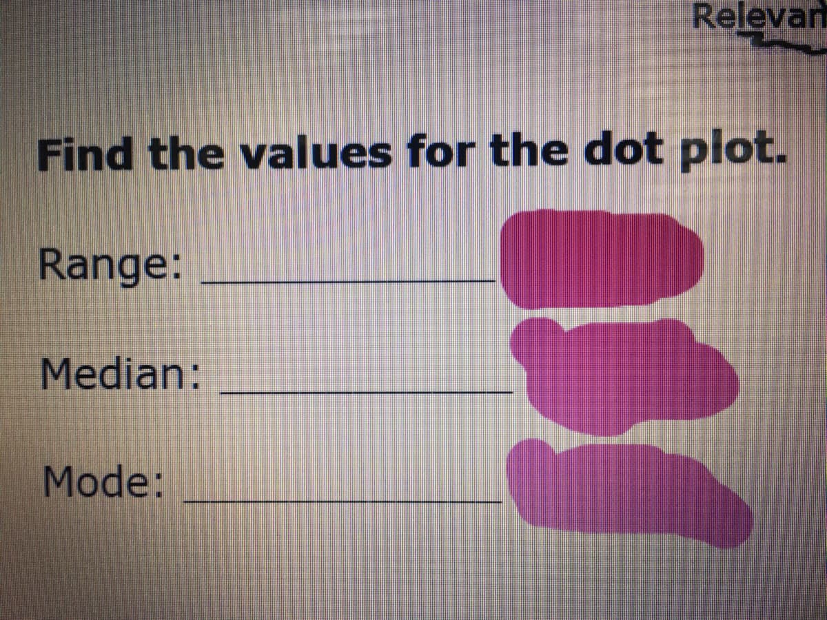 Relevan
Find the values for the dot plot.
Range:
Median:
Mode:
