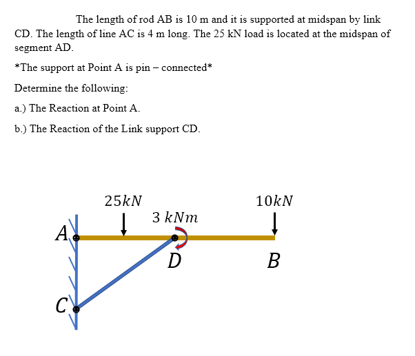 The length of rod AB is 10 m and it is supported at midspan by link
CD. The length of line AC is 4 m long. The 25 kN load is located at the midspan of
segment AD.
*The support at Point A is pin – connected*
Determine the following:
a.) The Reaction at Point A.
b.) The Reaction of the Link support CD.
25kN
10kN
3 kNm
A
В
C
