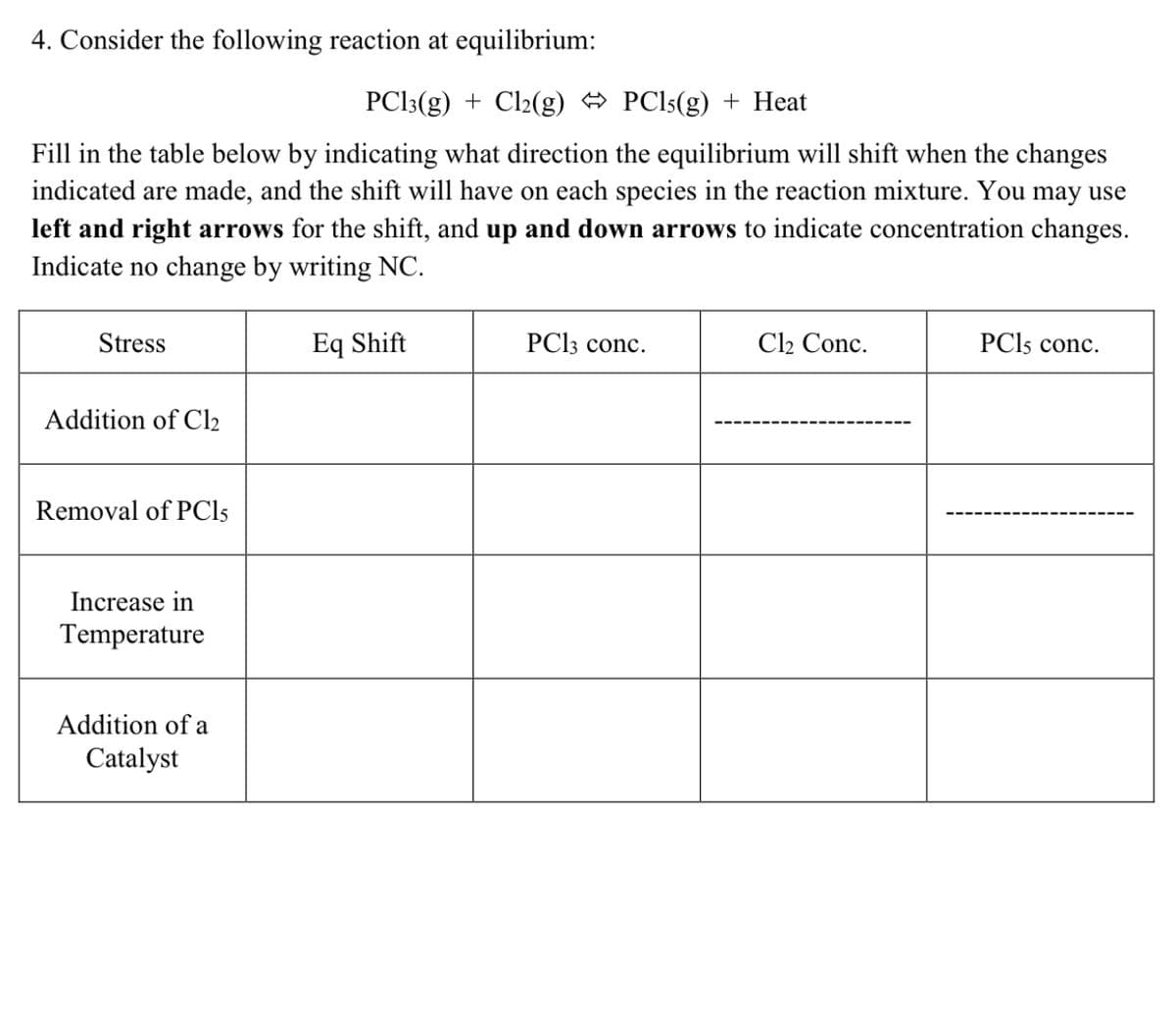 4. Consider the following reaction at equilibrium:
PC|3(g) + Cl2(g) PCI5(g) + Heat
Fill in the table below by indicating what direction the equilibrium will shift when the changes
indicated are made, and the shift will have on each species in the reaction mixture. You may use
left and right arrows for the shift, and up and down arrows to indicate concentration changes.
Indicate no change by writing NC.
Stress
Eq Shift
PC13 conc.
Cl2 Conc.
PCI5 conc.
Addition of Cl2
Removal of PCI5
Increase in
Temperature
Addition of a
Catalyst
