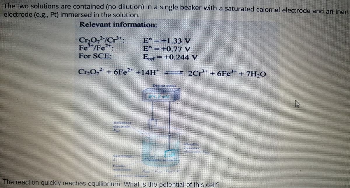 The two solutions are contained (no dilution) in a single beaker with a saturated calomel electrode and an inert
electrode (e.g., Pt) immersed in the solution.
Relevant information:
Cr0,/Cr*:
Fe*/Fe*:
For SCE:
E° = +1.33 V
E° = +0,77 V
Erer +0.244 V
Cr,O, + 6Fe" +14H"
2Cr + 6Fe* + 7H;0
The reaction quickly reaches equilibrium. What is the potential of this cell?
