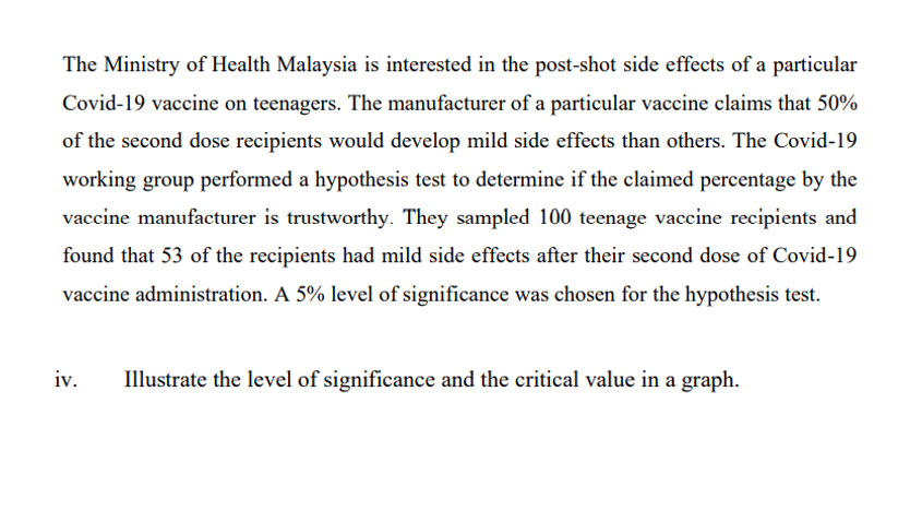 The Ministry of Health Malaysia is interested in the post-shot side effects of a particular
Covid-19 vaccine on teenagers. The manufacturer of a particular vaccine claims that 50%
of the second dose recipients would develop mild side effects than others. The Covid-19
working group performed a hypothesis test to determine if the claimed percentage by the
vaccine manufacturer is trustworthy. They sampled 100 teenage vaccine recipients and
found that 53 of the recipients had mild side effects after their second dose of Covid-19
vaccine administration. A 5% level of significance was chosen for the hypothesis test.
iv.
Illustrate the level of significance and the critical value in a graph.
