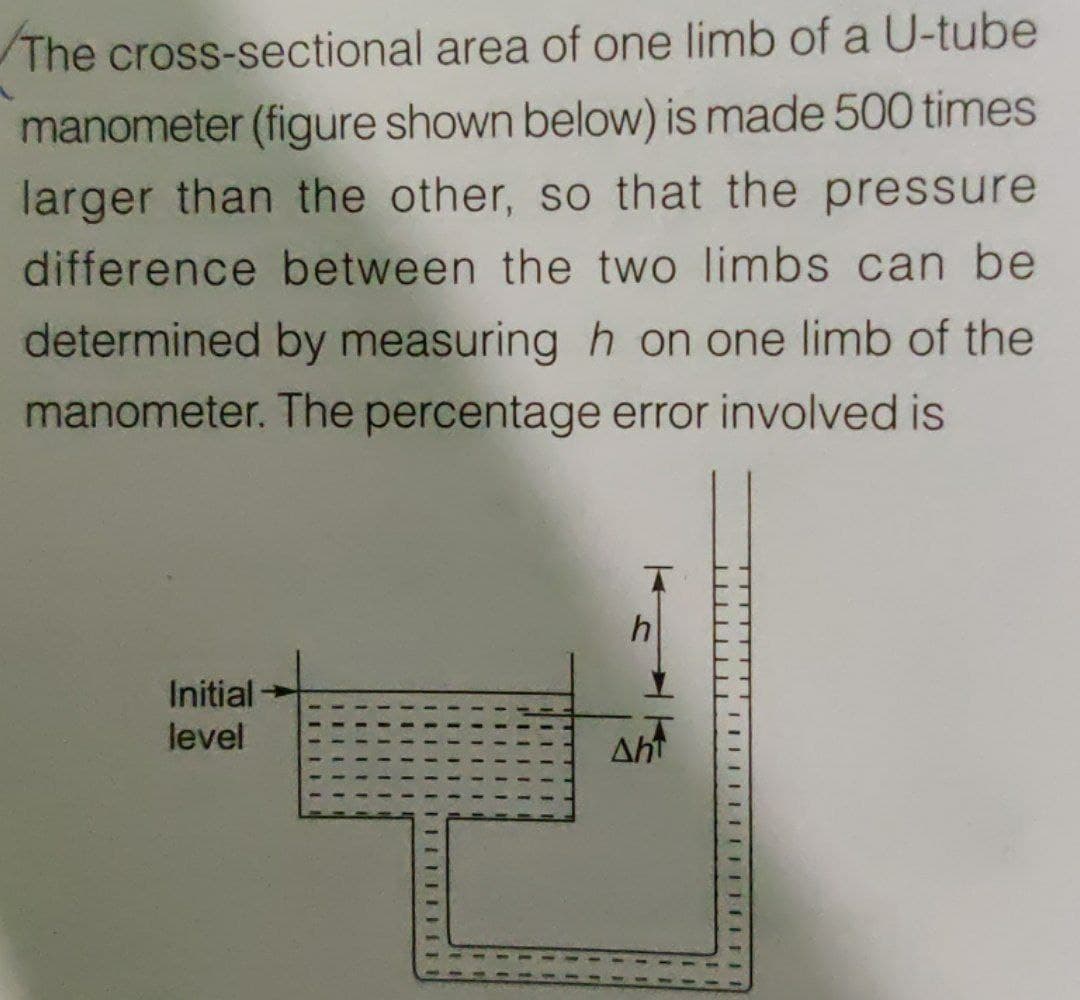 The cross-sectional area of one limb of a U-tube
manometer (figure shown below) is made 500 times
larger than the other, so that the pressure
difference between the two limbs can be
determined by measuring h on one limb of the
manometer. The percentage error involved is
Initial
level
Ant
Aht
11
