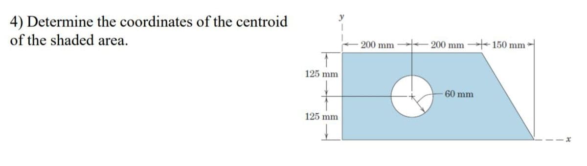 4) Determine the coordinates of the centroid
of the shaded area.
200 mm
200 mm 150 mm
125 mm
60 mm
125 mm
