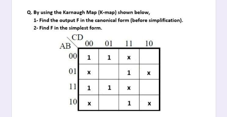 Q. By using the Karnaugh Map (K-map) shown below,
1- Find the output F in the canonical form (before simplification).
2- Find F in the simplest form.
CD
00
АВ
01
11
10
00
1
1
01
1
11
1
1
10
1
