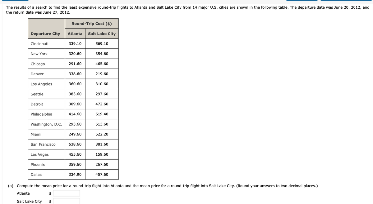 The results of a search to find the least expensive round-trip flights to Atlanta and Salt Lake City from 14 major U.S. cities are shown in the following table. The departure date was June 20, 2012, and
the return date was June 27,
2012.
Round-Trip Cost ($)
Departure City
Atlanta
Salt Lake City
Cincinnati
339.10
569.10
New York
320.60
354.60
Chicago
291.60
465.60
Denver
338.60
219.60
Los Angeles
360.60
310.60
Seattle
383.60
297.60
Detroit
309.60
472.60
Philadelphia
414.60
619.40
Washington, D.C.
293.60
513.60
Miami
249.60
522.20
San Francisco
538.60
381.60
Las Vegas
455.60
159.60
Phoenix
359.60
267.60
Dallas
334.90
457.60
(a) Compute the mean price for a round-trip flight into Atlanta and the mean price for a round-trip flight into Salt Lake City. (Round your answers to two decimal places.)
Atlanta
Salt Lake City
$
