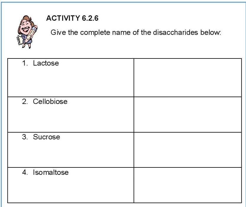 ACTIVITY 6.2.6
Give the complete name of the disaccharides below:
1. Lactose
2. Cellobiose
3. Sucrose
4. Isomaltose
