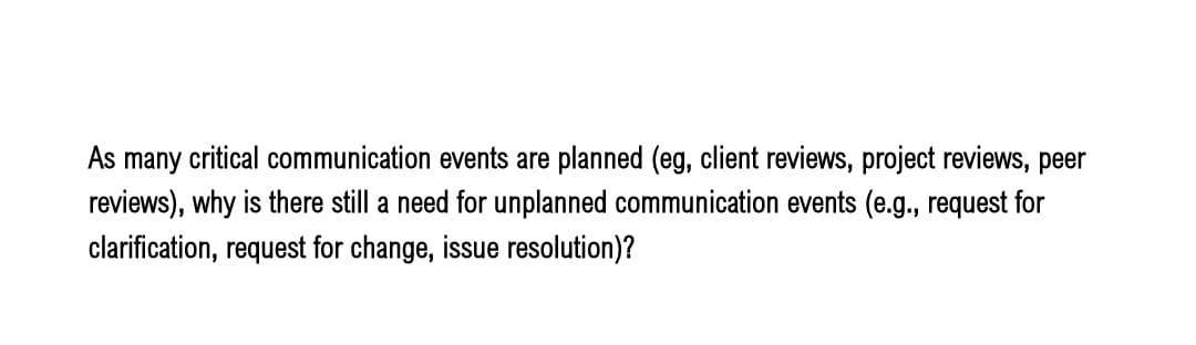 As many critical communication events are planned (eg, client reviews, project reviews, peer
reviews), why is there still a need for unplanned communication events (e.g., request for
clarification, request for change, issue resolution)?