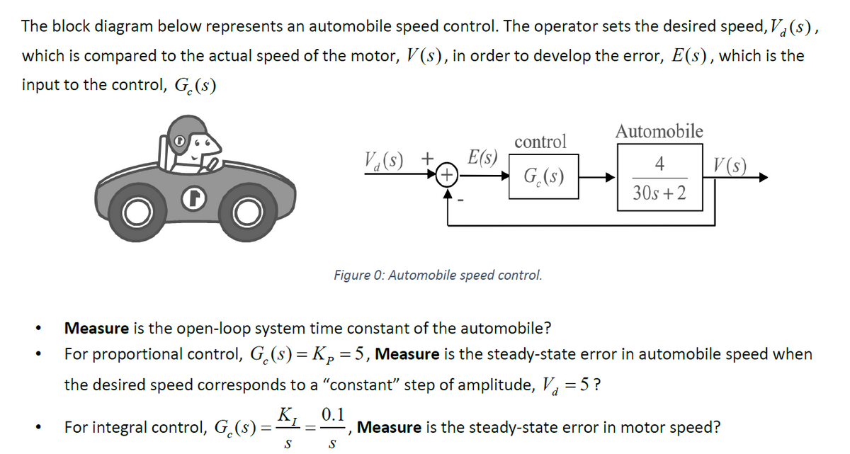 The block diagram below represents an automobile speed control. The operator sets the desired speed,V,(s),
which is compared to the actual speed of the motor, V(s), in order to develop the error, E(s), which is the
input to the control, G.(s)
Automobile
control
E(s)
G_(s)
Va(s) +
V (s)
4
30s +2
Figure 0: Automobile speed control.
Measure is the open-loop system time constant of the automobile?
For proportional control, G (s) =Kp = 5, Measure is the steady-state error in automobile speed when
the desired speed corresponds to a "constant" step of amplitude, a=5?
K,
For integral control, G.(s) =-
0.1
Measure is the steady-state error in motor speed?
S
