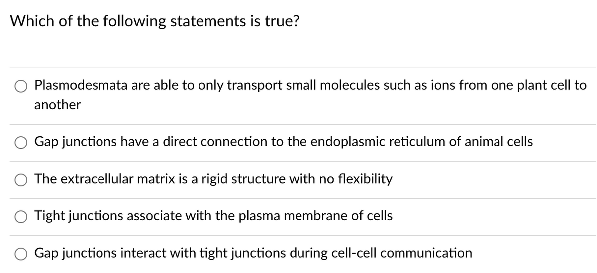 Which of the following statements is true?
Plasmodesmata are able to only transport small molecules such as ions from one plant cell to
another
Gap junctions have a direct connection to the endoplasmic reticulum of animal cells
The extracellular matrix is a rigid structure with no flexibility
Tight junctions associate with the plasma membrane of cells
Gap junctions interact with tight junctions during cell-cell communication
