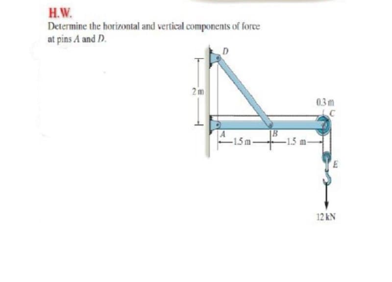 H.W.
Determine the horizontal and vertical components of force
at pins A and D.
2 m
0.3 m
IB
-1.5 m-
-1.5m-
12 kN
