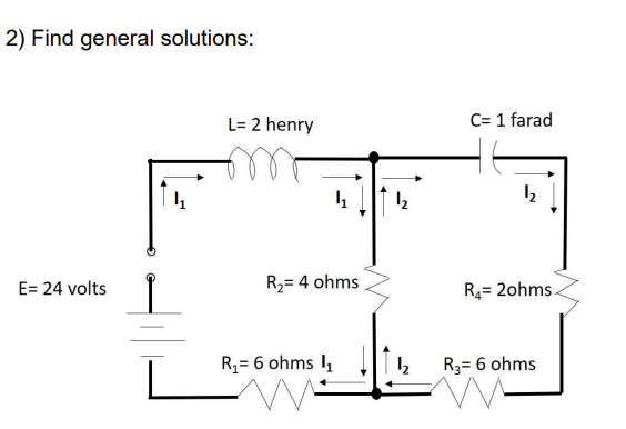 2) Find general solutions:
L= 2 henry
C= 1 farad
12
E= 24 volts
R2= 4 ohms
R4= 2ohms-
R= 6 ohms I,
R3= 6 ohms
