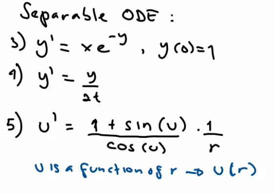 Separable ODE :
s) y'= xe , y colal
1) y' = 2
at
5) u' = 1+ sin (u).1_
Cos cu)
U is a functionofr r)
