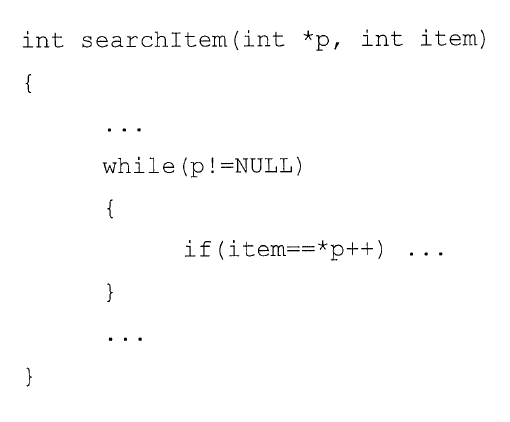 int searchItem(int *p, int item)
{
while (p!=NULL)
{
if(item==*p++)
...
}
..
}
