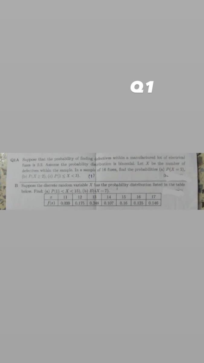 Q1
QIA Suppose that the probability of finding defectives within a manufactured lot of electrical
fuses is 0.2. Assume the probability distribution is binomial. Let X be the number of
defectives within the sample. In a sample of 16 fuses, find the probabilities (a) P(X=2),
(b) PX22), (c) P(1 < X <3). (1)
B Suppose the discrete random variable X has the probability distribution listed in the table
below. Find: (a) P(11 < X < 15), (b) E(4X-7).
12
13
11
14
f(x) 0.039 0.175 0.248 0.107
15
0.16
16
17
0.125 0.146