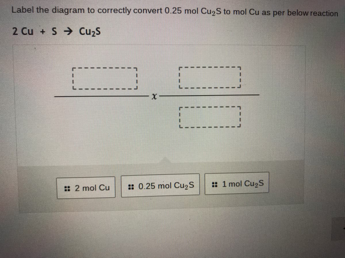 Label the diagram to correctly convert 0.25 mol Cu,S to mol Cu as per below reaction
2 Cu + S CuzS
: 2 mol Cu
:: 0.25 mol Cu,S
: 1 mol Cu2 S
