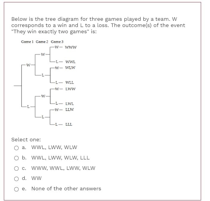 Below is the tree diagram for three games played by a team. W
corresponds to a win and L to a loss. The outcome(s) of the event
"They win exactly two games" is:
Game 1 Game 2 Game 3
-w- www
L- wWL
-w- WLW
L- WLL
-w- LWW
-L- LWL
-w- LLW
-L- LLL
Select one:
O a. wWL, LWW, WLW
O b. wWL, LWW, WLW, LLL
O c. www, WWL, LWW, WLW
O d. ww
O e.
None of the other answers
