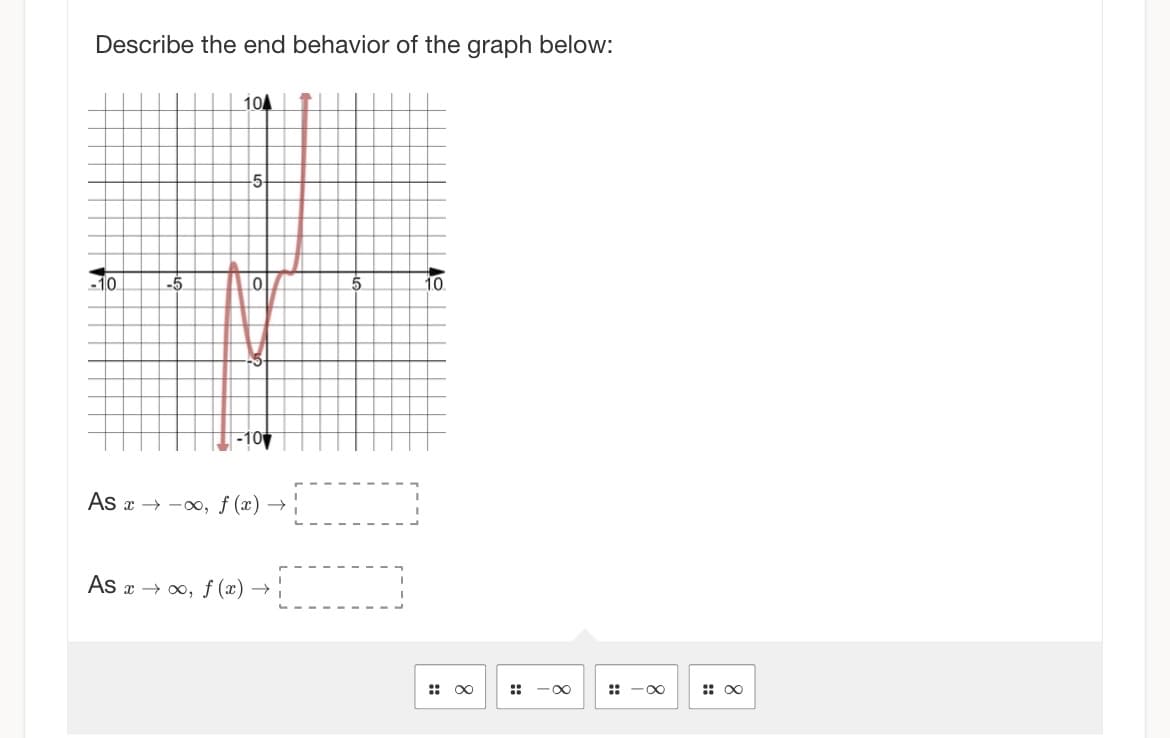 Describe the end behavior of the graph below:
-10
-5
104
-5
0
As →→∞, f (x) →
As x→∞, f (x) →
5
10.
-∞
:: -∞