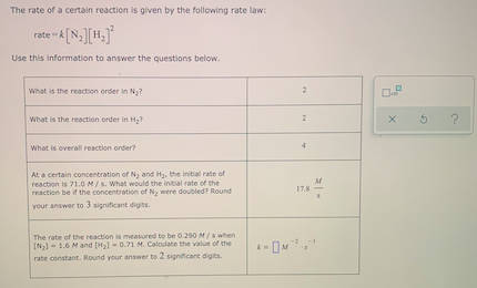 The rate of a certain reaction is given by the following rate law:
rate -k [N;][H,]*
Use this information to answer the questions below.
What is the reaction order in Ny?
?
What is the reaction order in Hy?
2
What is overall reaction order?
At a certain concentration of N, and Hy, the initial rate of
reaction is 71.0 M/s. What would the initial rate of the
reaction be if the concentration of Ny were doubled? Round
your answer to 3 significant digits.
M
17.8
The rate of the reaction is measured to be 0.290 M/s when
(N)- 1.6 M and [H) - 0.71 M. Calculate the value of the
rate constant. Round your answer to 2 significant digits.
