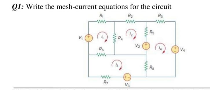 Q1: Write the mesh-current equations for the circuit
R2
R3
ww
R5
R4
V2
Re
ww
Rg
ww
R7
V3
ww
ww

