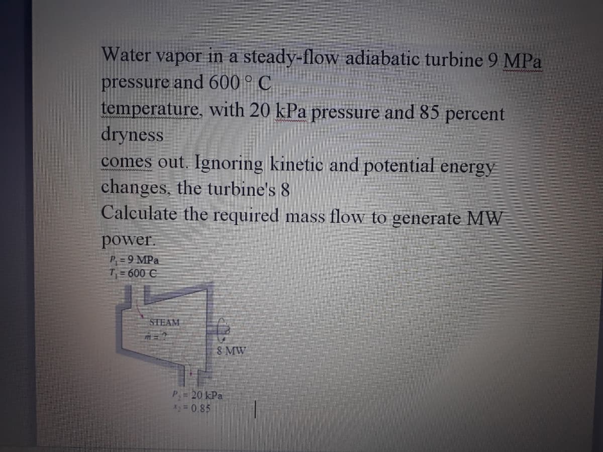 Water vapor in a steady-flow adiabatic turbine 9 MPa
pressure and 600 ° C
temperature, with 20 kPa pressure and 85 percent
dryness
comes out. Ignoring kinetic and potential energy
changes, the turbine's 8
Calculate the required mass flow to generate MW
power.
