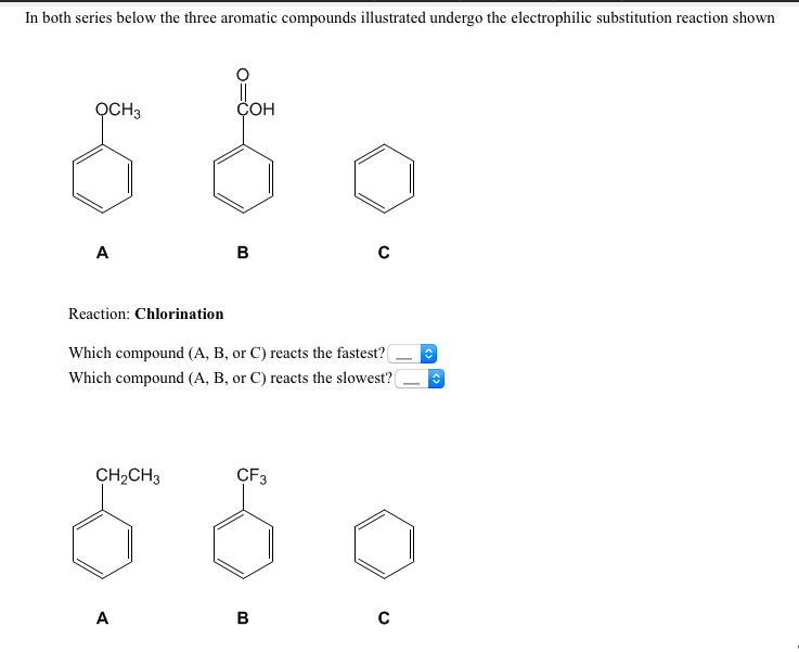 In both series below the three aromatic compounds illustrated undergo the electrophilic substitution reaction shown
QCH3
ÇOH
A
в
Reaction: Chlorination
Which compound (A, B, or C) reacts the fastest?
Which compound (A, B, or C) reacts the slowest?(
CH2CH3
CF3
A
в
