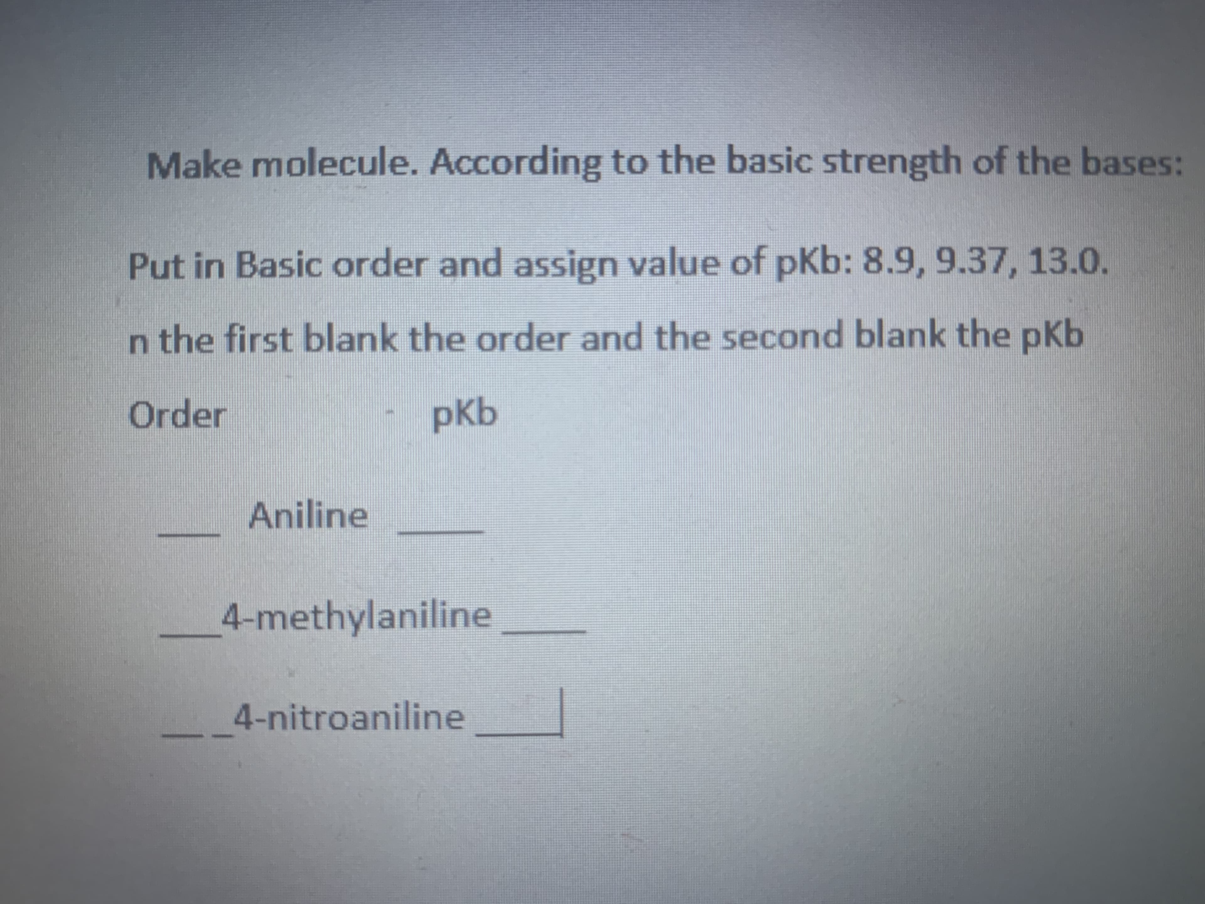 Order
pKb
Aniline
4-methylaniline
4-nitroaniline
