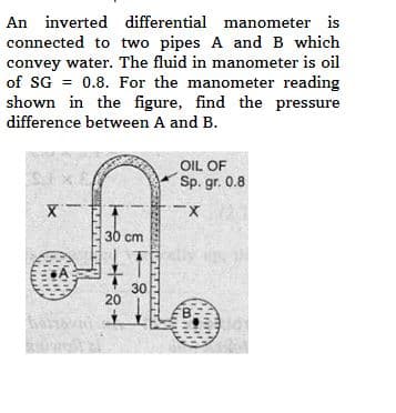 An inverted differential manometer is
connected to two pipes A and B which
convey water. The fluid in manometer is oil
of SG= 0.8. For the manometer reading
shown in the figure, find the pressure
difference between A and B.
X
30 cm
20
30
OIL OF
Sp. gr. 0.8
-X