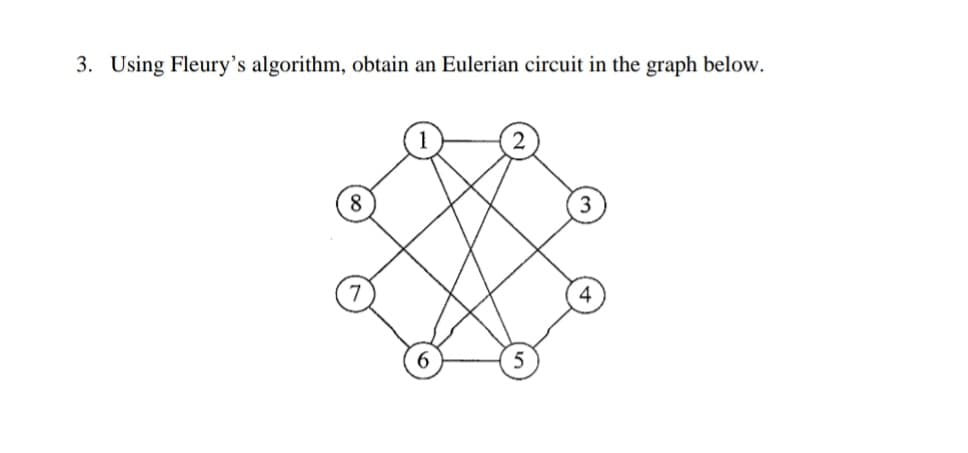 3. Using Fleury's algorithm, obtain an Eulerian circuit in the graph below.
7
4
6.
