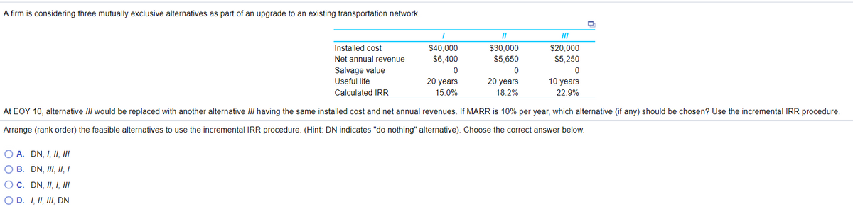 A firm is considering three mutually exclusive alternatives as part of an upgrade to an existing transportation network.
II
$40,000
$6,400
$30,000
$5,650
$20,000
$5,250
Installed cost
Net annual revenue
Salvage value
Useful life
20 years
20 years
10 years
Calculated IRR
15.0%
18.2%
22.9%
At EOY 10, alternative III would be replaced with another alternative III having the same installed cost and net annual revenues. If MARR is 10% per year, which alternative (if any) should be chosen? Use the incremental IRR procedure.
Arrange (rank order) the feasible alternatives to use the incremental IRR procedure. (Hint: DN indicates "do nothing" alternative). Choose the correct answer below.
O A. DN, I, II II
O B. DN, II, II, I
O C. DN, II, I, II
O D. I, II, III, DN
